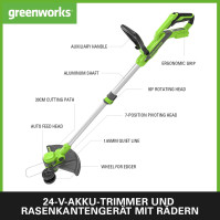 Greenworks 24V Akumulátorový strunový trimmer pro malé až střední zahrady, 30 cm šířka střihu, automatické podávání 1,65mm