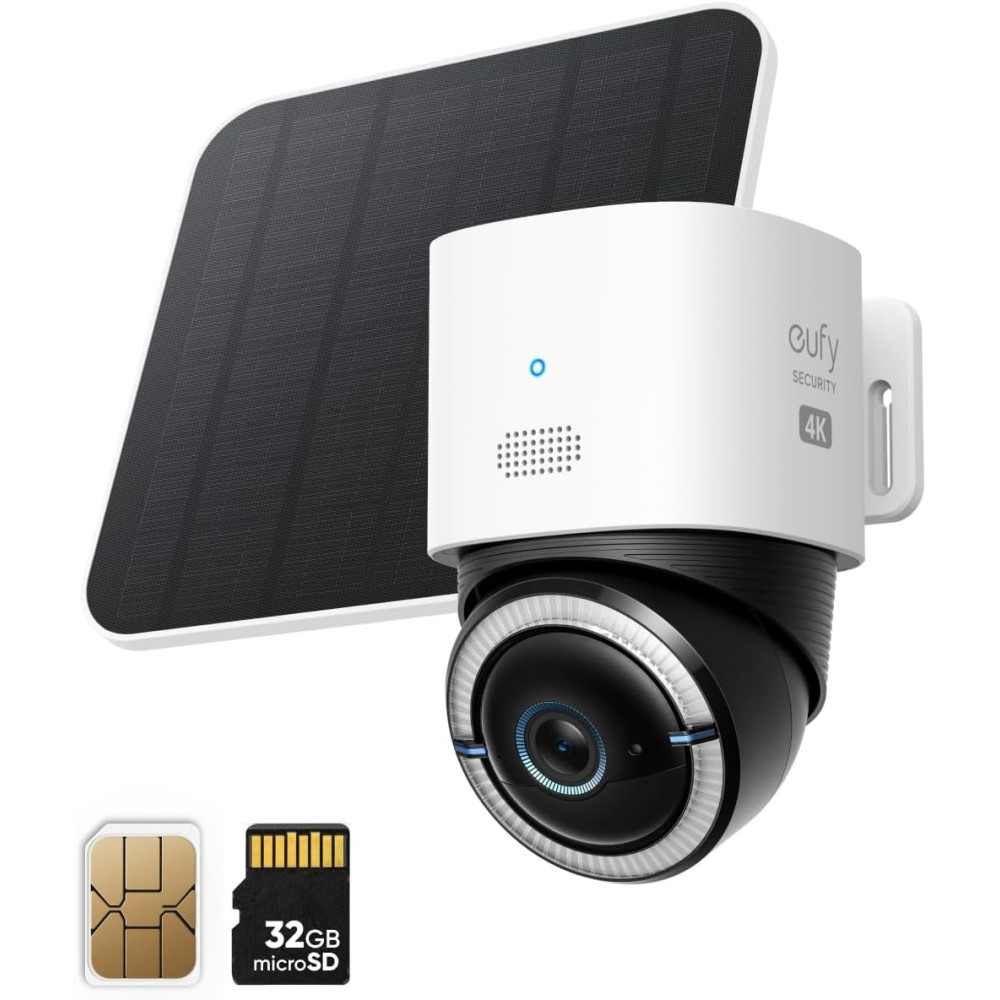 eufy Security 4G LTE Cam S330 s Wi-Fi, 4K UHD Pan Tilt, bezdrátová, napájená solárním panelem, AI sledování člověka/vozidla, se