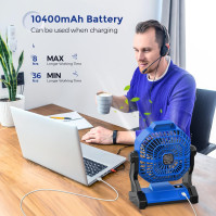 Tichý ventilátor, přenosný mini ventilátor s baterií 10400mAh, 270° otočný stolní ventilátor s LED světlem, venkovní kempingový