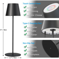 FUYO Bezdrátová dotyková stolní lampa LED s dimenzovanou teplotou a 8 barvami RGB pro venkovní stolní lampu s USB nabíječkou