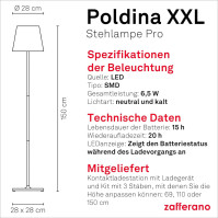 Zafferano, lampa Poldina XXL, bezdrátová, dobíjecí stojací lampa s dotykovým ovládáním, vhodná do obývacího pokoje i ven