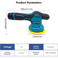 Sada leštičky na auta, excentrická leštička se 2 bateriemi, 125 mm leštící houba, 8 rychlostí, 2800-5500 ot./min, úhlová