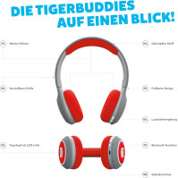 tigermedia tigerbuddies Dětská sluchátka červená on-Ear Bluethooth AUX max 85 dB, skládací, premiová kvalita pro tygří box