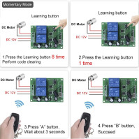 QIACHIP 2kanálový dálkový ovladač relé 12V - bezdrátový 433MHz dálkový ovladač s 2kanálovým relé pro DC 12V s 4 vysílači