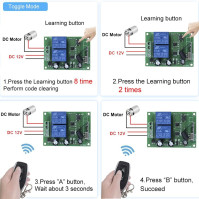 QIACHIP 2kanálový dálkový ovladač relé 12V - bezdrátový 433MHz dálkový ovladač s 2kanálovým relé pro DC 12V s 4 vysílači
