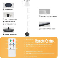 Venkovní solární stojací lampa RWWR se světelným senzorem Dálkové stmívání 2 v 1 dobíjecí 8 ​​barev IP44