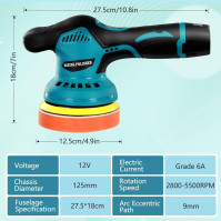 Leštička na auta, akumulátorová orbitální leštička, 125 mm leštící podložka, 8 rychlostí, 2800-5500 ot./min., 2 x 1300 mAh