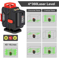 Laserová vodováha ZHJAN 4x360° má 16 laserových čar a samočinné nivelační funkce. Je odolná proti stříkající vodě