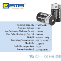 EEMB ER34615 D Cell baterie 3.6V Lithium: Vysokokapacitní nedobíjecí lithium baterie typu D Cell s kapacitou 3.6V od zna