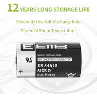 EEMB ER34615 D Cell baterie 3.6V Lithium: Vysokokapacitní nedobíjecí lithium baterie typu D Cell s kapacitou 3.6V od zna