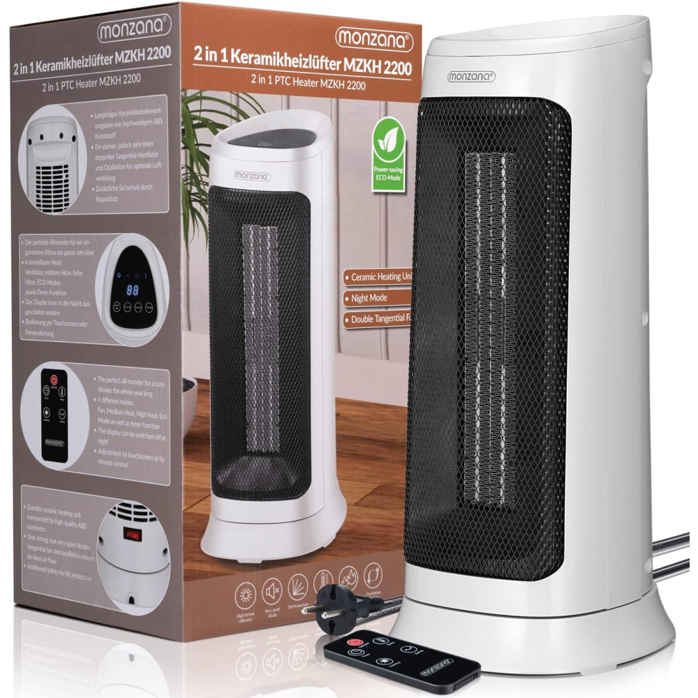 Monzana Keramický ventilátorový ohřívač 2000W 4 režimy 15-40 °C 120° oscilace Časovač Dálkový ovladač Beam Heater Bílý