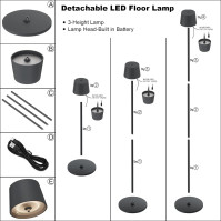 LED stojací lampa K-Bright 3000 K, napájená 4 W dobíjecí baterií, vodotěsná, IP54, bezdrátová, stmívatelná (antracitová)