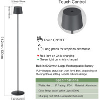 LED stojací lampa K-Bright 3000 K, napájená 4 W dobíjecí baterií, vodotěsná, IP54, bezdrátová, stmívatelná (antracitová)