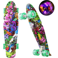 WeSkate Mini Cruiser Skateboard Retro kompletní prkno, 22" 55cm Vintage skateboard s plastovým deckem a blikajícími LED