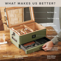 Humidor CASE ELEGANCE Vojenská skleněná deska, matná zelená s předním digitálním vlhkoměrem, španělský cedr, roztok humidoru