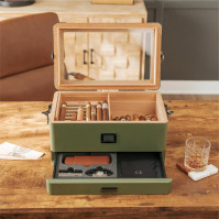 Humidor CASE ELEGANCE Vojenská skleněná deska, matná zelená s předním digitálním vlhkoměrem, španělský cedr, roztok humidoru