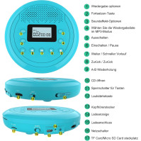 Monodeal Nový 2023: Přenosný CD přehrávač s reproduktorem, přenosný, dobíjecí Discman CD přehrávač pro auto a děti, malý