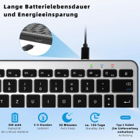 Qulose Wireless Bluetooth Keyboard, dobíjecí mini klávesnice typu C, bezdrátová klávesnice, ultratenký ergonomický design, němec