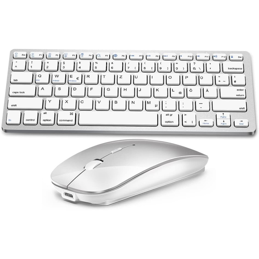 DE Layout Keyboard Mouse Set Bezdrátová klávesnice Bluetooth s myší pro tablet/iPad/Laptop/telefon, kompaktní s integrovaným zař