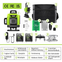 Křížový čárový laser, FELLAT 4x360° křížový čárový laser zelený, křížový čárový laser samonivelační čárový laser, baterie