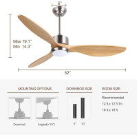 Dřevěný stropní ventilátor Ovlaim s LED světly a dálkovým ovládáním, 52palcový tichý stejnosměrný ventilátor s 3 barevným
