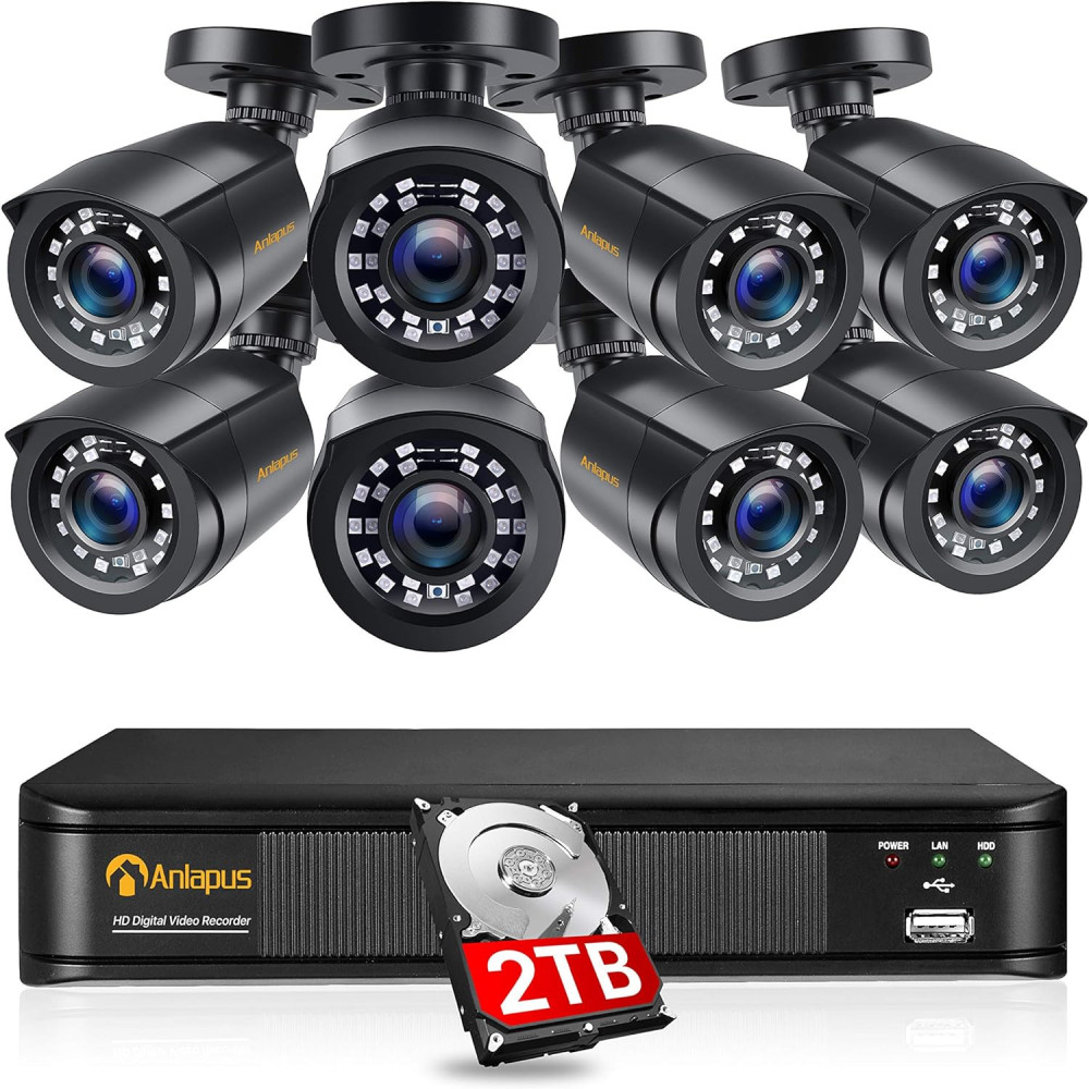 Anlapus 8CH 1080P bezpečnostní kamera H.265+ 1080P DVR rekordér s 2TB pevným diskem a 8X 2MP venkovními kamerami, 20M IR