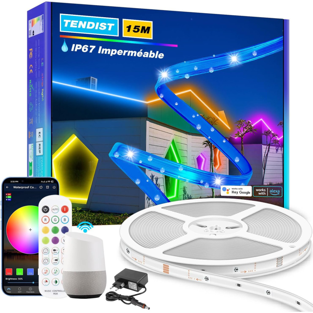 TENDIST 15 m Venkovní LED pásek, WiFi LED pásek, vodotěsný, IP67 RGB venkovní LED pásek kompatibilní s Alexou, Siri a Google