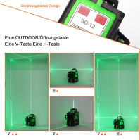 Zelená laserová vodováha Geevorks 30 m, 3D 12řádková samonivelační laserová vodováha, 2 x 2400 mAh dobíjecí baterie + nástěnný d