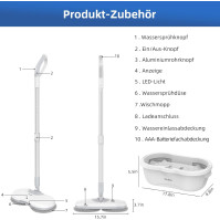 Akumulátorový elektrický smeták Redkey M1, LED samočisticí mop, nádržka na vodu 250 ml, kapacita baterie 2200 mAh, rozprašování