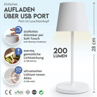 charlique LED bateriová stolní lampa (bílá) - stmívatelné jídelní světlo - stolní lampa s USB, vnitřní/venkovní, teplá bílá