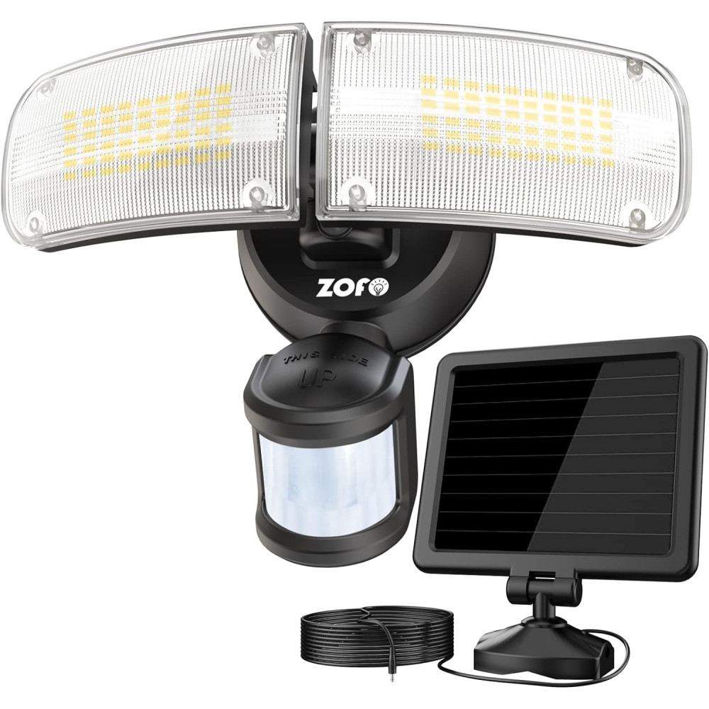 ZOFO Solární lampy s pohybovým senzorem, solární LED reflektor, nastavitelná venkovní solární svítilna, super světlá 1800LM