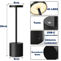 SLSMD Stolní lampa bezdrátová, 5000mAh kovová hliníková stmívatelná LED dobíjecí stolní lampa, přenosná USB dobíjecí noční lampa