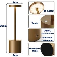 SLSMD Stolní lampa bezdrátová, 5000mAh kovová hliníková stmívatelná LED dobíjecí stolní lampa, přenosná USB dobíjecí noční lampa