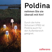 Zafferano Poldina Pro - stmívatelná stolní lampa LED z hliníku, krytí IP65, vnitřní/venkovní použití, kontaktní nabíjecí stanice