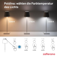 Zafferano Poldina Pro - stmívatelná stolní lampa LED z hliníku, krytí IP65, vnitřní/venkovní použití, kontaktní nabíjecí stanice