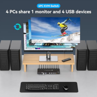 VPFET 8K60Hz HDMI KVM přepínač 4 porty 4K144Hz HDMI 2.1 KVM přepínač pro 4 PC sdílející 1 monitor a 4 zařízení USB 3.0 Podporuje