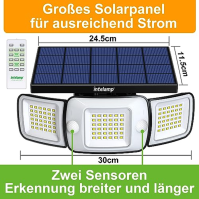 INTELAMP venkovní solární světla s detektorem pohybu, 6000 mAh solární s dálkovým ovládáním, 1200LM, 270° široký úhel záběru, IP