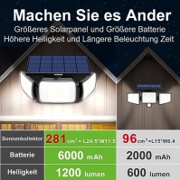 INTELAMP venkovní solární světla s detektorem pohybu, 6000 mAh solární s dálkovým ovládáním, 1200LM, 270° široký úhel záběru, IP