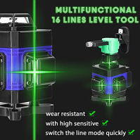 16 linií Laserová vodováha, KKnoon Laserová vodováha 4D 16 linií Samonivelační horizontální a vertikální laserová vodováha s 2 d