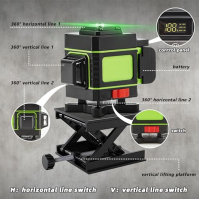 Ycoiee křížový laser, laserová vodováha 4x360°, 16 linií 3° samonivelační křížový laser zelený pro vnitřní a venkovní staveniště