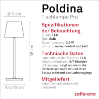 Zafferano Poldina Pro - stmívatelná stolní lampa LED z hliníku, krytí IP54, vnitřní/venkovní použití, kontaktní nabíjecí stanice