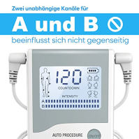 Terapie bolesti přístrojem TENS Easy@Home: 2 nezávislé kanály dobíjecího elektrostimulačního přístroje s podsvíceným LCD displej