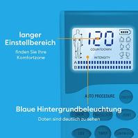 Terapie bolesti přístrojem TENS Easy@Home: 2 nezávislé kanály dobíjecího elektrostimulačního přístroje s podsvíceným LCD displej