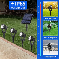 T-SUNUS solární krajinné reflektory, solární zahradní bodové osvětlení 4 v 1 s kabelem o délce 9,8 stopy, solární panel 5 W 4000