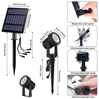 T-SUNUS solární krajinné reflektory, solární zahradní bodové osvětlení 4 v 1 s kabelem o délce 9,8 stopy, solární panel 5 W 4000