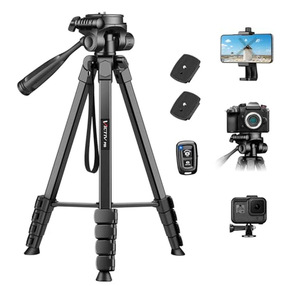 Victiv New Camera Phone Tripod, 67,7"/172cm Přenosný hliníkový stativ s odnímatelnou třícestnou hlavou pro DSLR Canon Nikon Sony