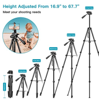 Victiv New Camera Phone Tripod, 67,7"/172cm Přenosný hliníkový stativ s odnímatelnou třícestnou hlavou pro DSLR Canon Nikon Sony