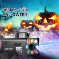 AGPtEK Mlhový stroj s bezdrátovým dálkovým ovládáním a barevným LED světlem, 500 W, stabilní a přenosný, vhodný pro Halloween, V