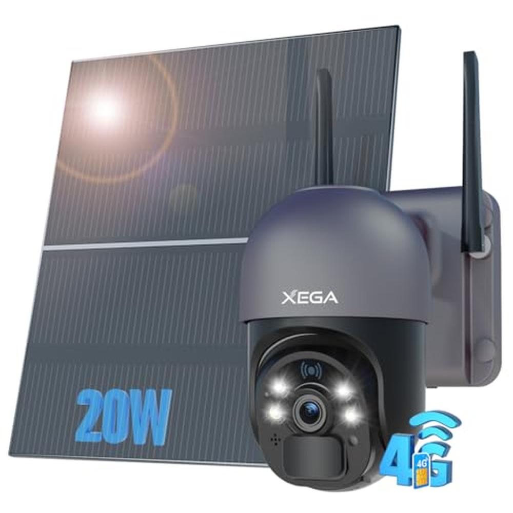 Xega 4G LTE Cellular Security Camera Solar With SIM Card, venkovní bezdrátová bezpečnostní kamera bez WiFi, 2K HD PTZ noční vidě