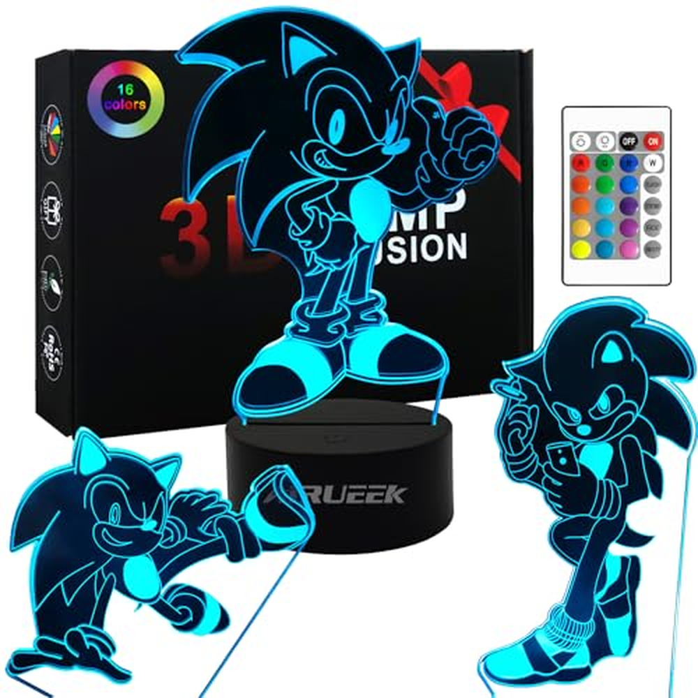 Noční světlo Sonic The Hedgehog pro děti, 3D iluze lampy s 16 barvami a dálkovým ovládáním Sonic Lights, Sonic Toys Decor Room, 